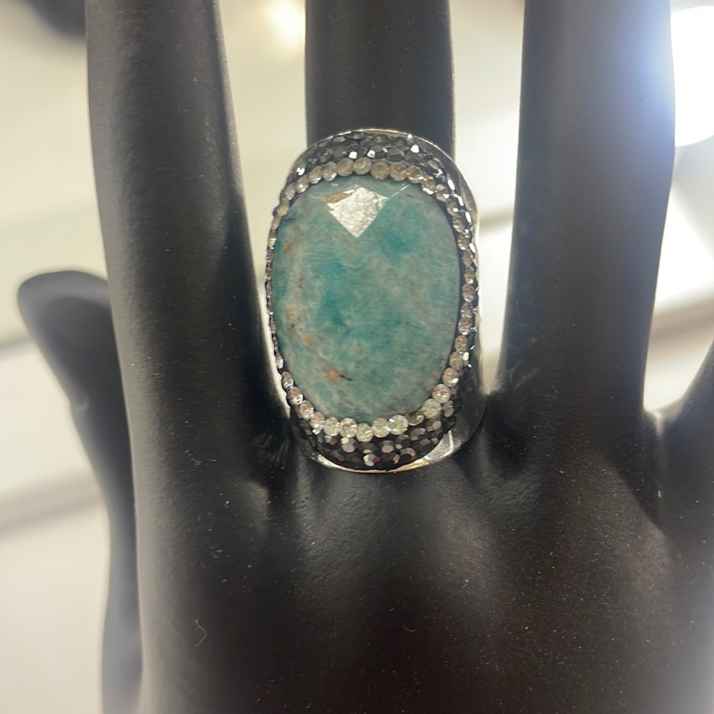 Amanzonite faceted cocktail ring, silver, turquoise,AdjustableSize 6.5